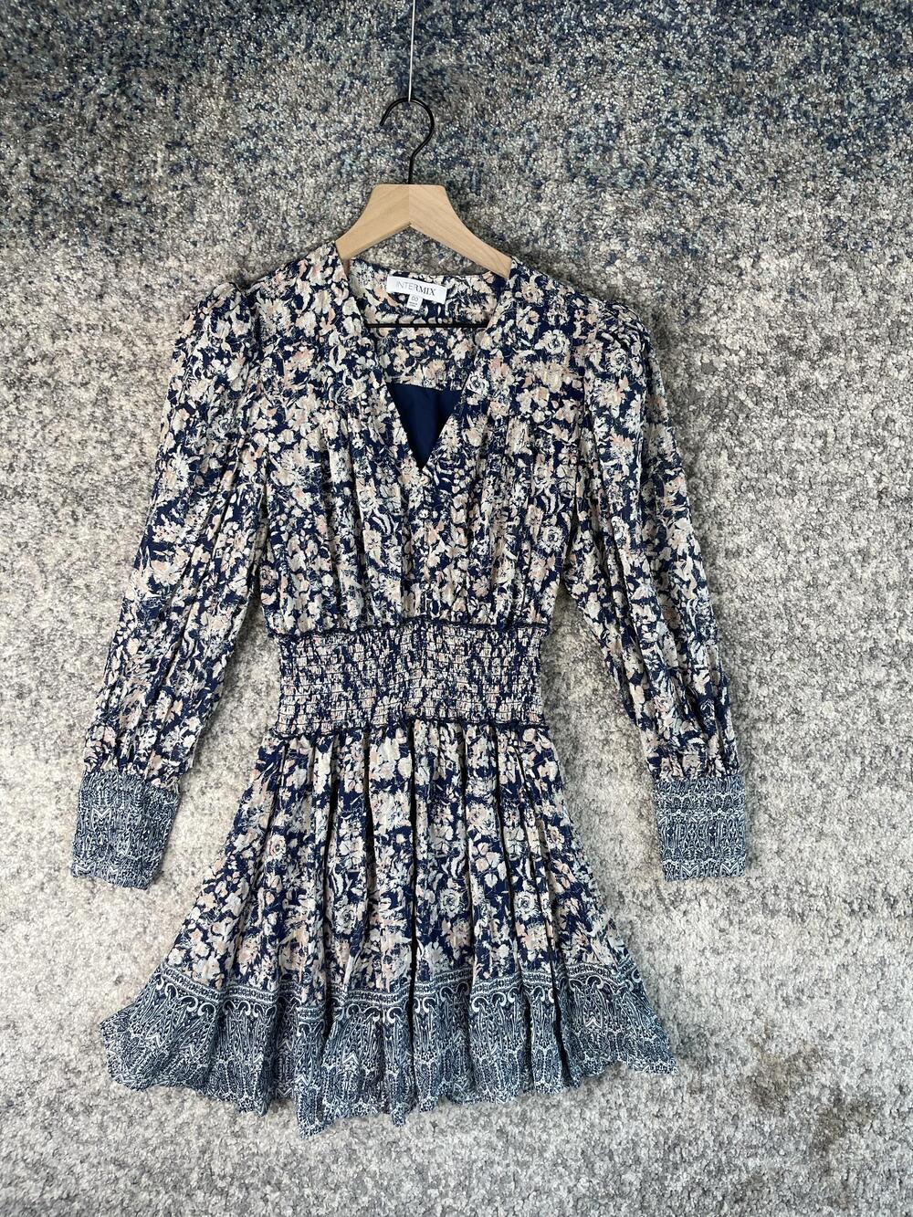 Intermix Dress Womens 00 Blue Floral Mini Smocked Waist Long Sleeve Silk Blend
